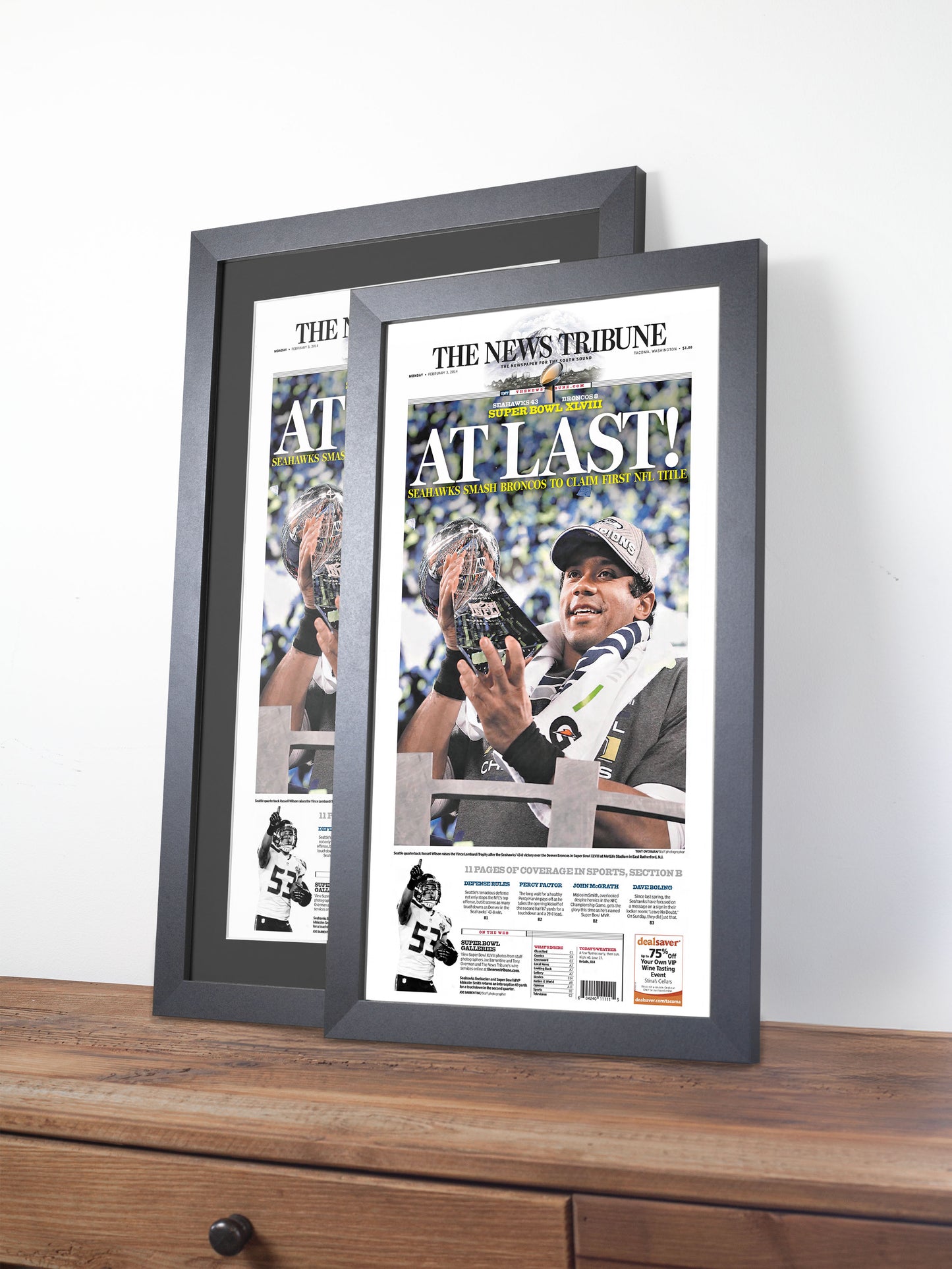 2014 Seattle Seahawks “At Last!” Super Bowl XLVIII Champions Framed Newspaper