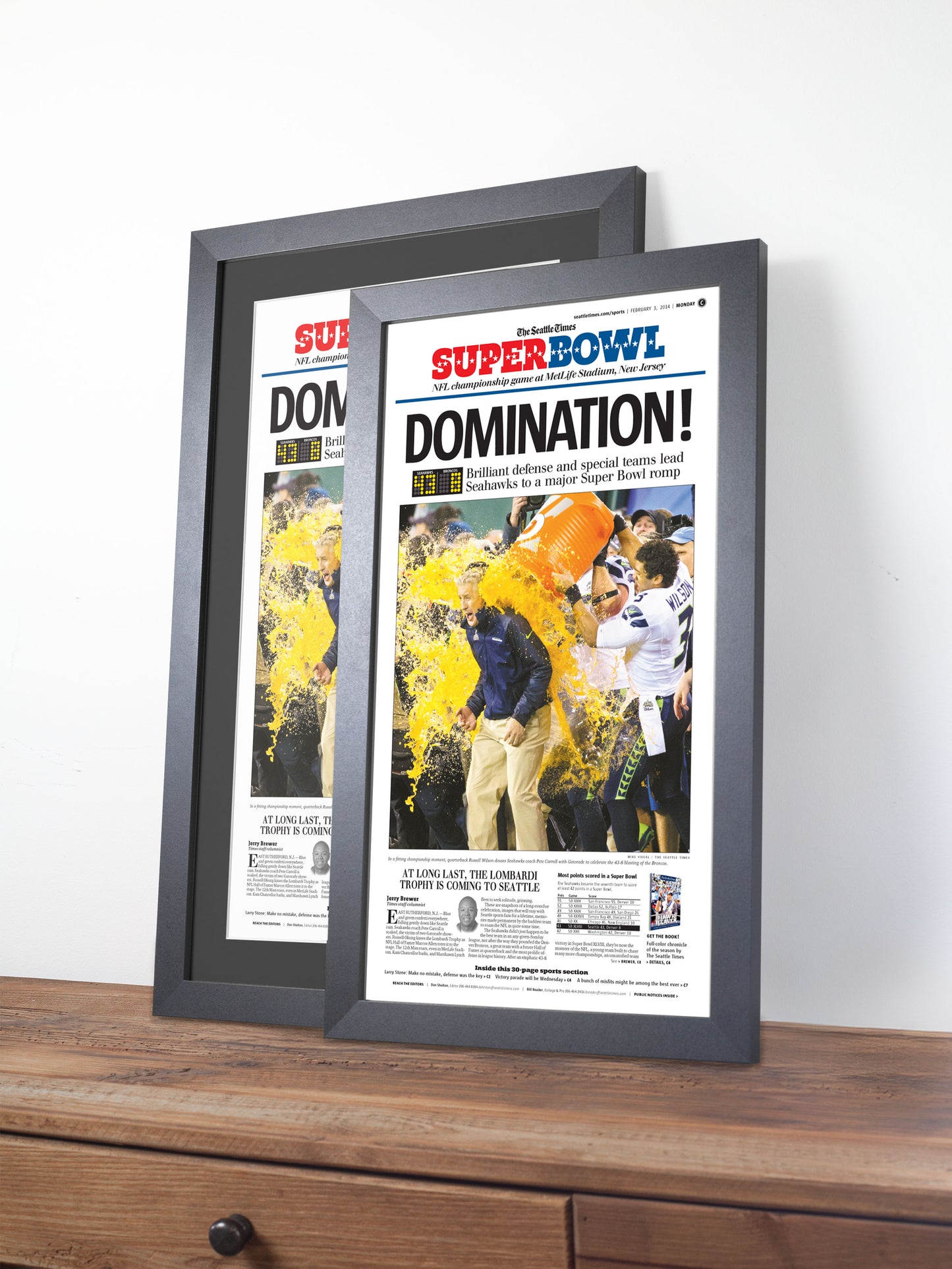 2014 Seattle Seahawks “Domination!” First Super Bowl Victory Framed Newspaper Print