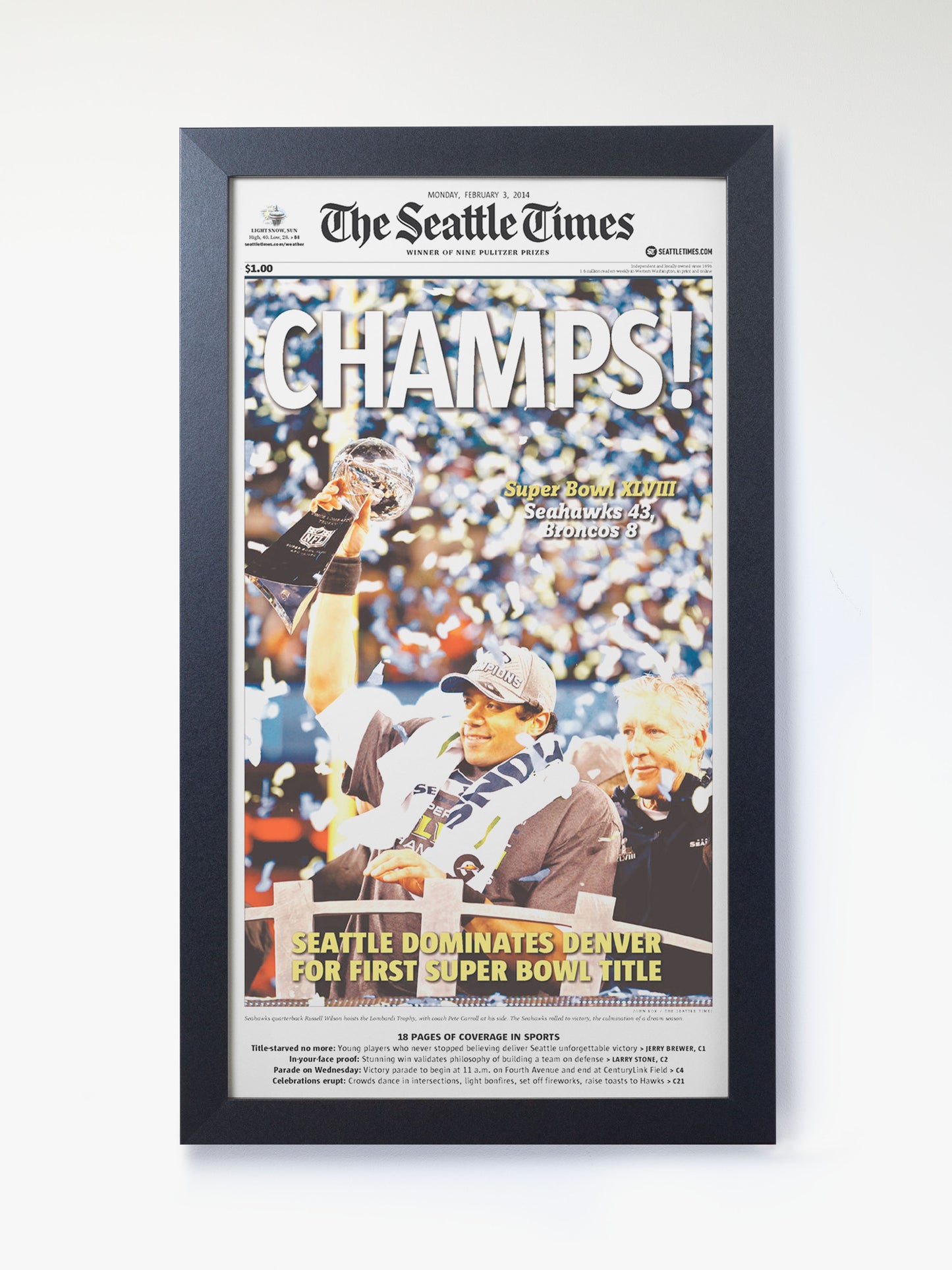2014 Seattle Seahawks “Champs!” Super Bowl XLVIII V Broncos Framed Newspaper