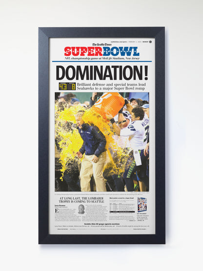 2014 Seattle Seahawks “Domination!” First Super Bowl Victory Framed Newspaper Print