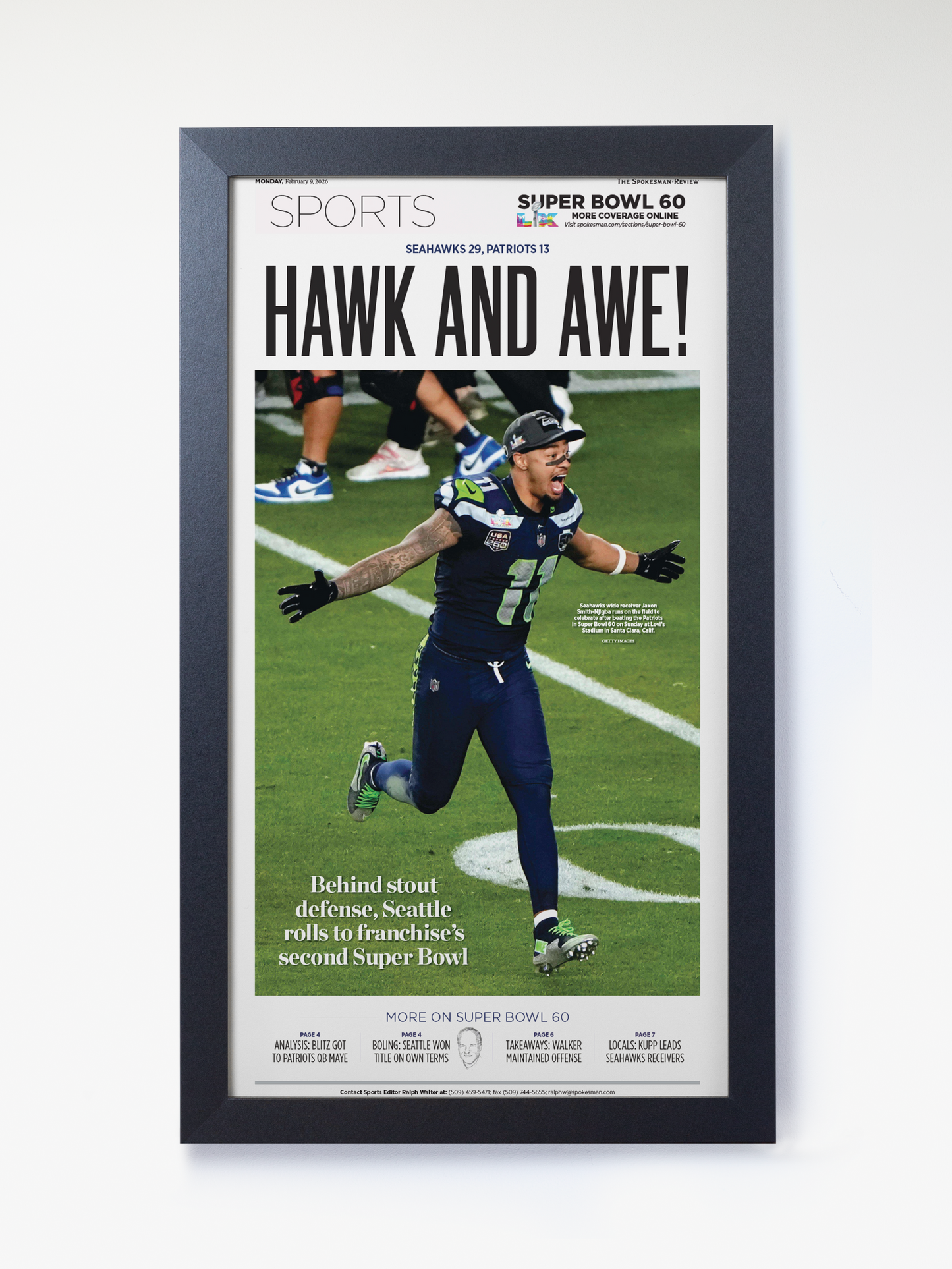 2026 Seattle Seahawks – “Hawk and Awe!” – Super Bowl LX Champions vs Patriots Framed Newspaper