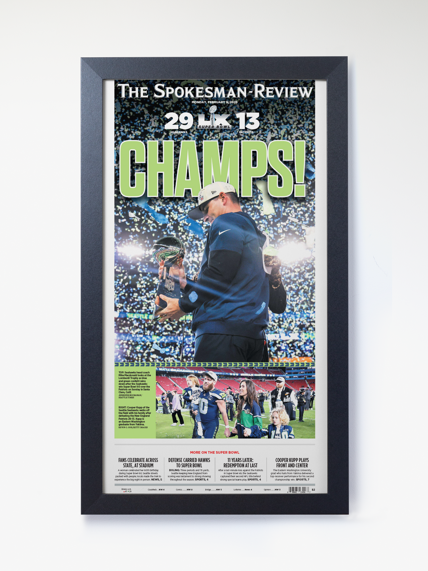 2026 Seattle Seahawks – “CHAMPS!” – Super Bowl LX Champions vs New England Patriots Framed Newspaper