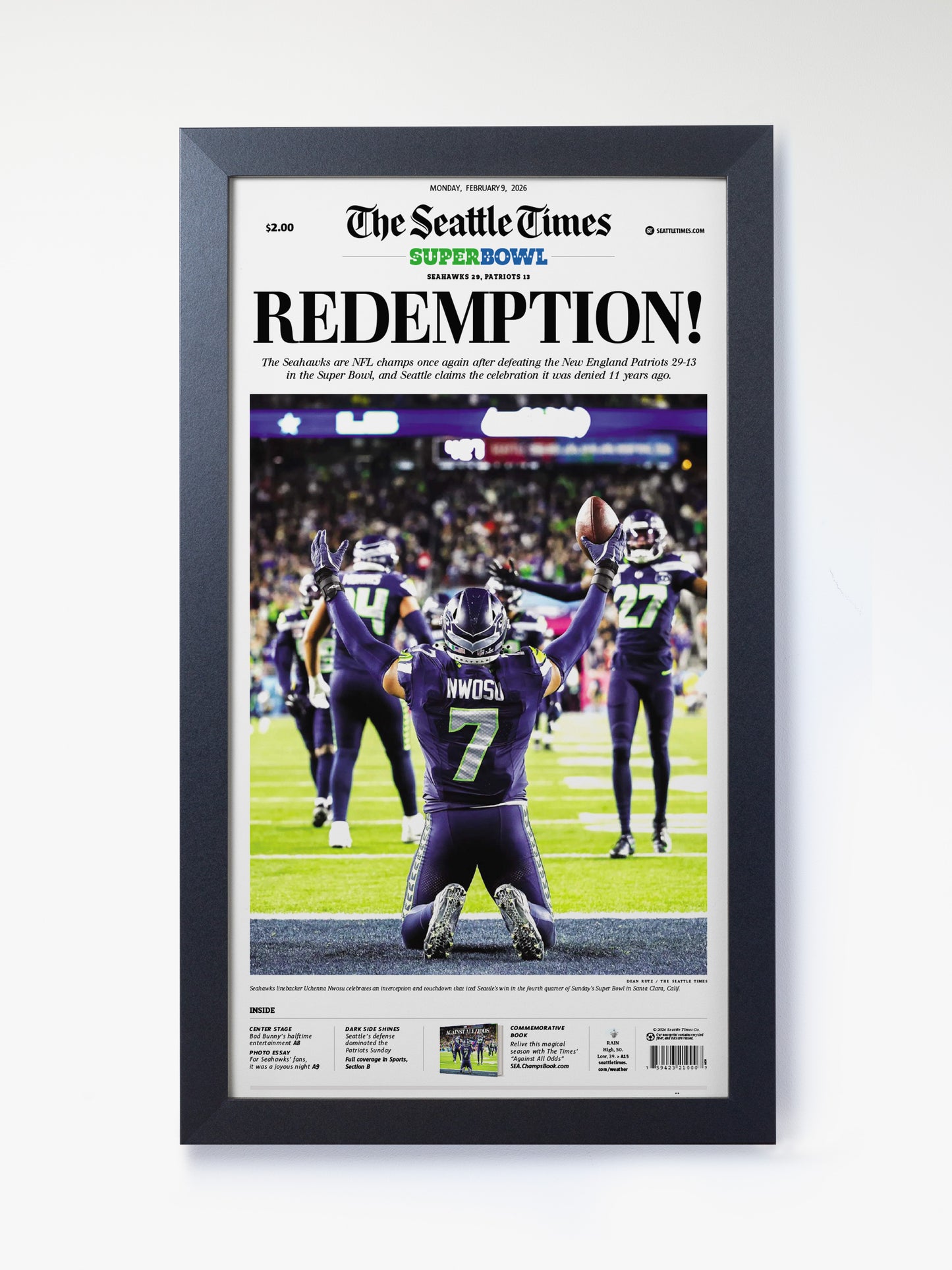 2026 Seattle Seahawks - “REDEMPTION!” – The Dark Side Boom Super Bowl LX Championship Newspaper