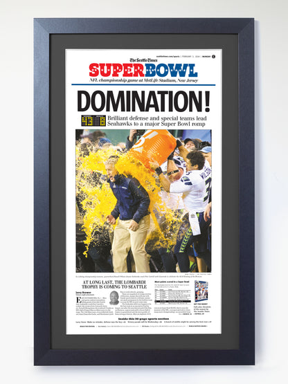 2014 Seattle Seahawks “Domination!” First Super Bowl Victory Framed Newspaper Print