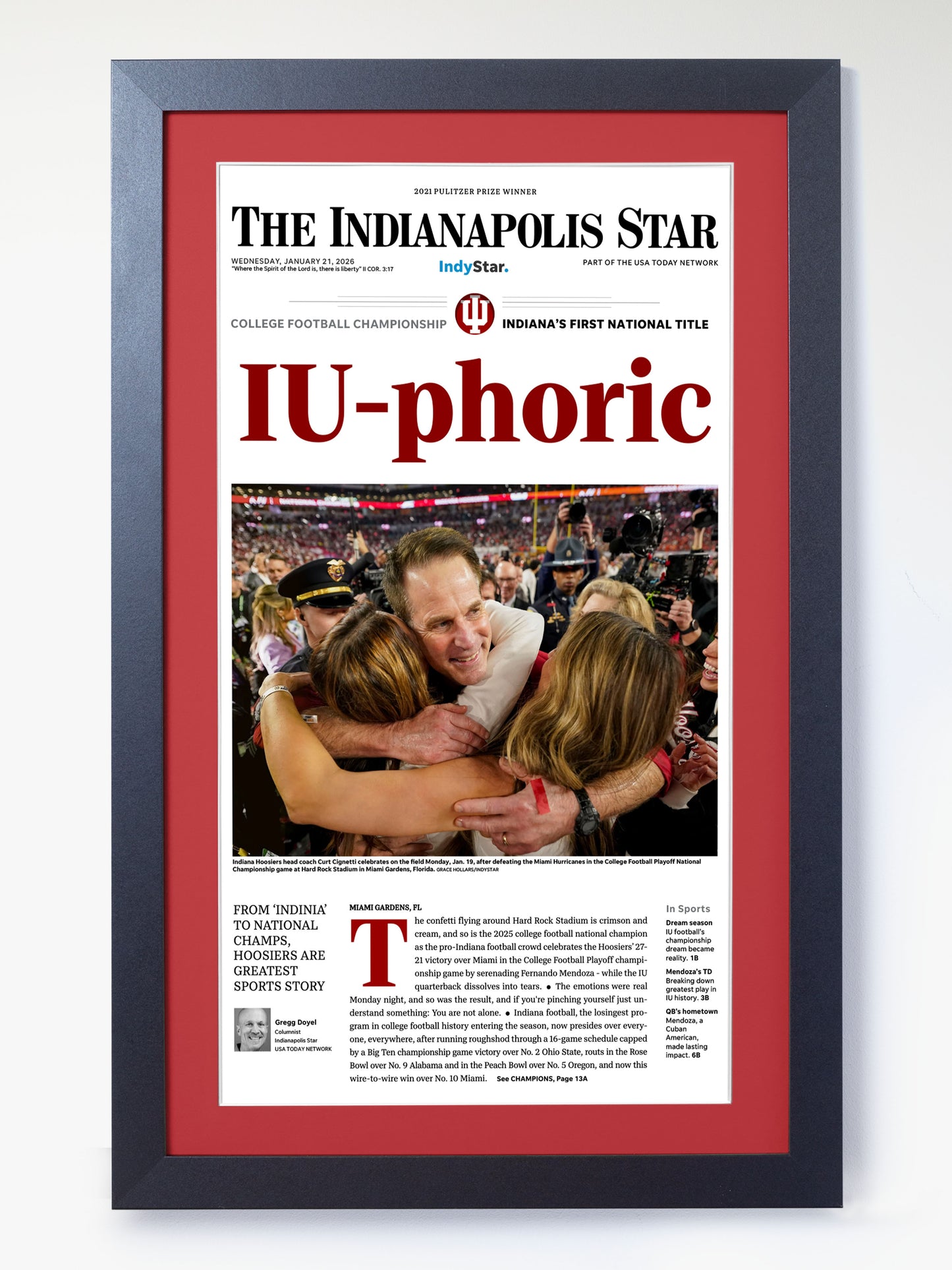 2026 Indiana Football “IU-phoric!” Curt Cignetti CFP Finals Champions vs Miami Framed Newspaper