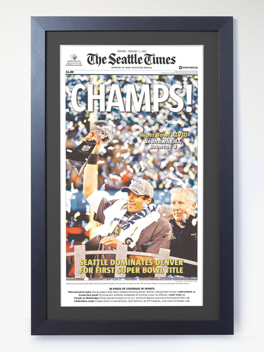 2014 Seattle Seahawks “Champs!” Super Bowl XLVIII V Broncos Framed Newspaper