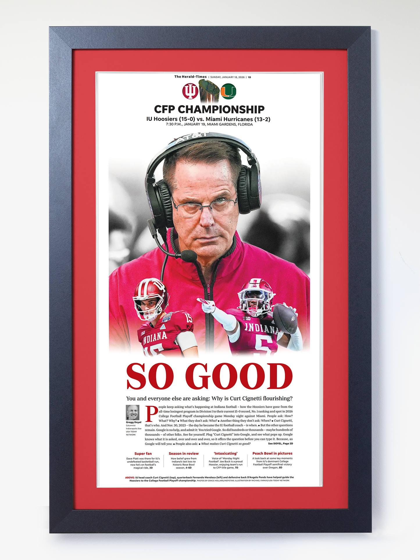2026 Indiana Hoosiers “SO GOOD!” Curt Cignetti Championship Edition Framed Newspaper