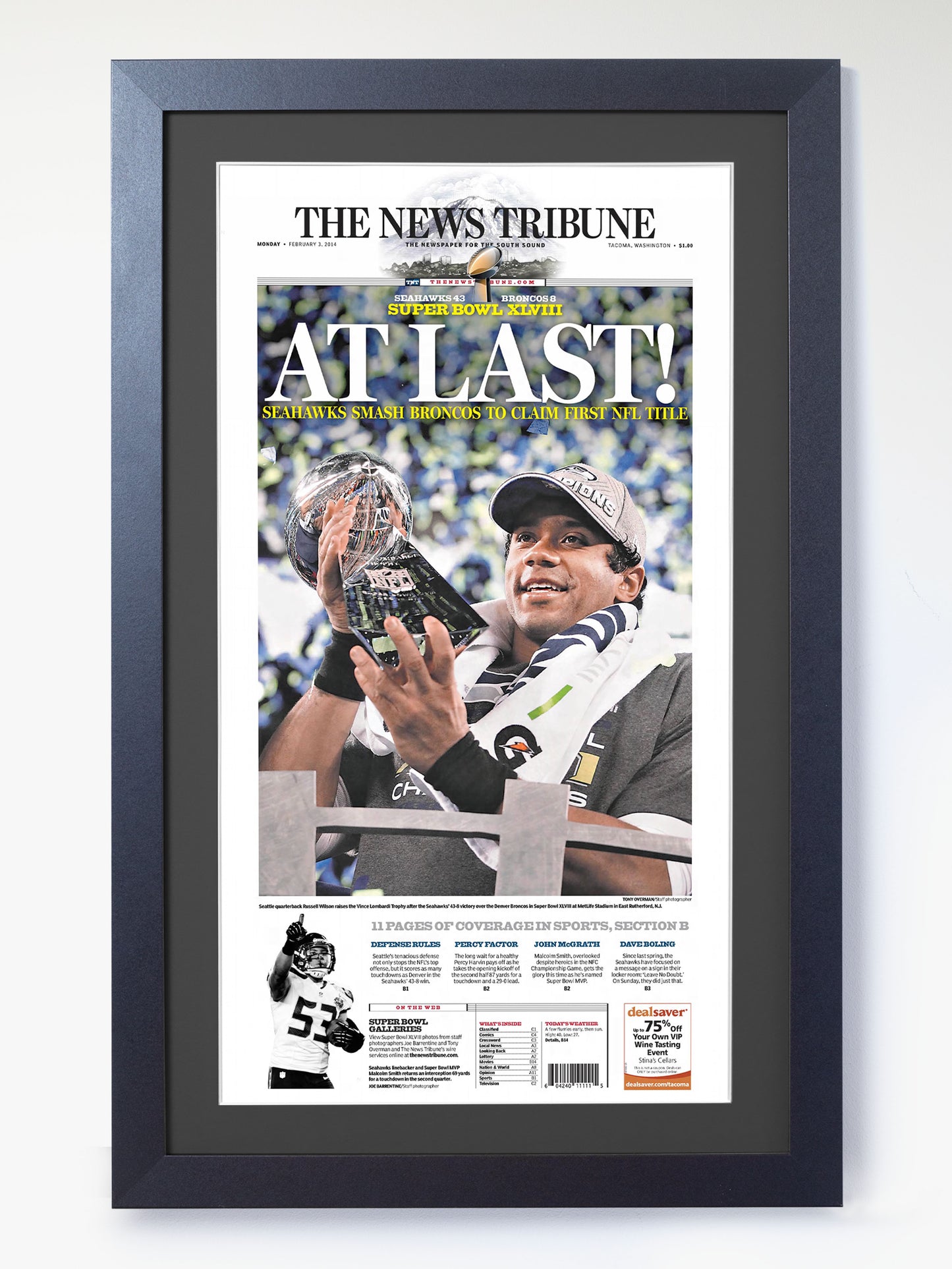 2014 Seattle Seahawks “At Last!” Super Bowl XLVIII Champions Framed Newspaper
