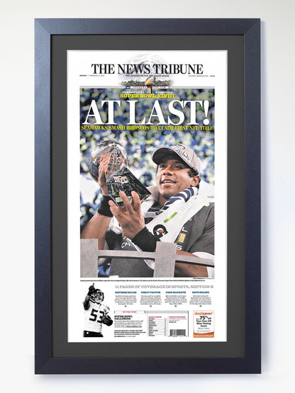 2014 Seattle Seahawks “At Last!” Super Bowl XLVIII Champions Framed Newspaper