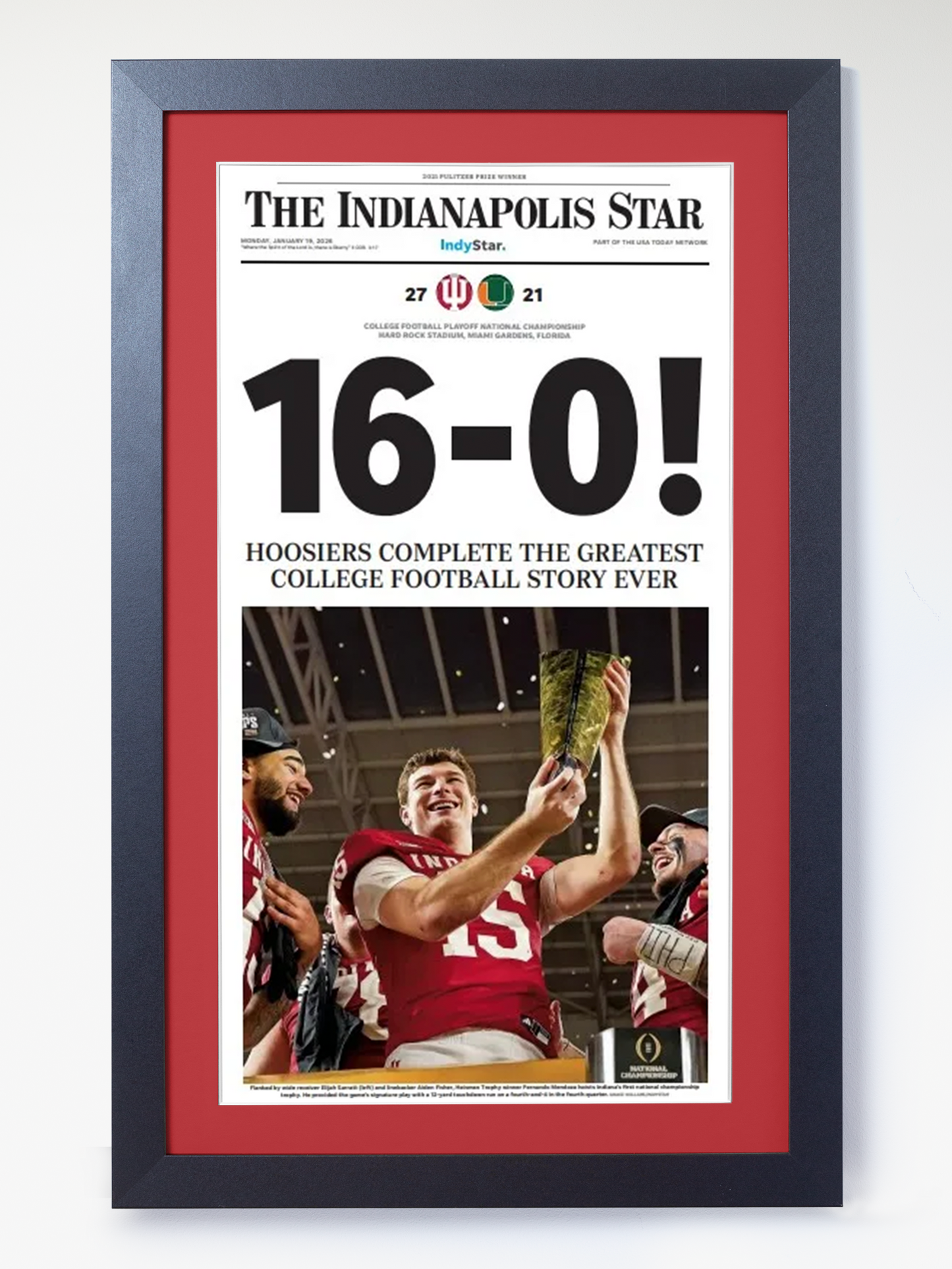 2026 Indiana Hoosiers "16-0!" Undefeated College Champions V. Miami Framed Newspaper