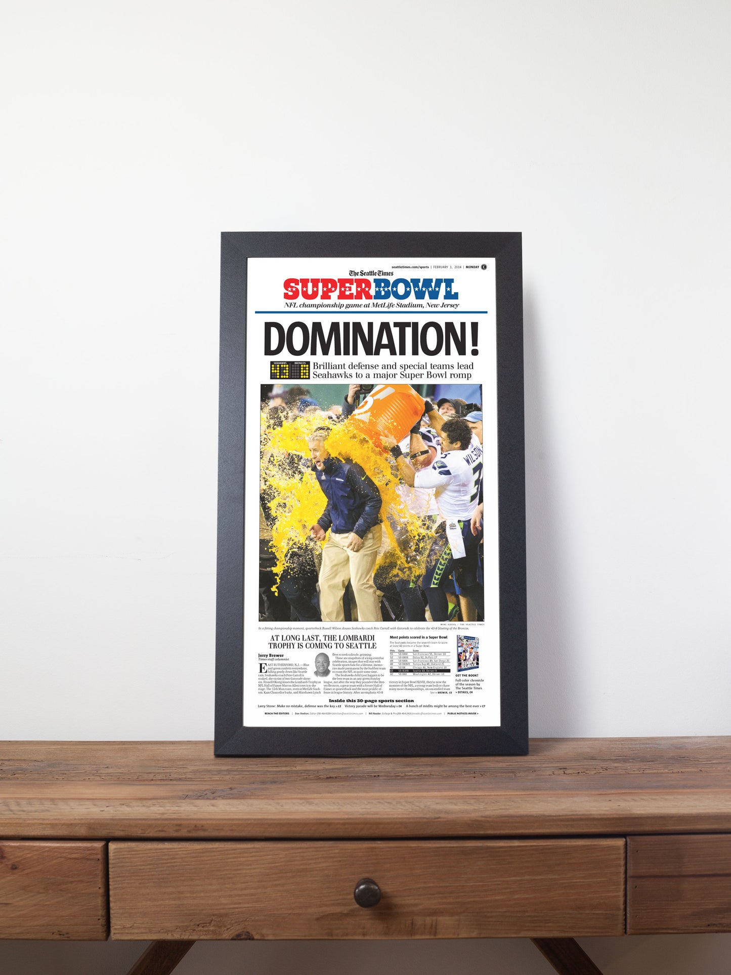 2014 Seattle Seahawks “Domination!” First Super Bowl Victory Framed Newspaper Print