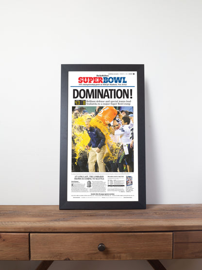 2014 Seattle Seahawks “Domination!” First Super Bowl Victory Framed Newspaper Print