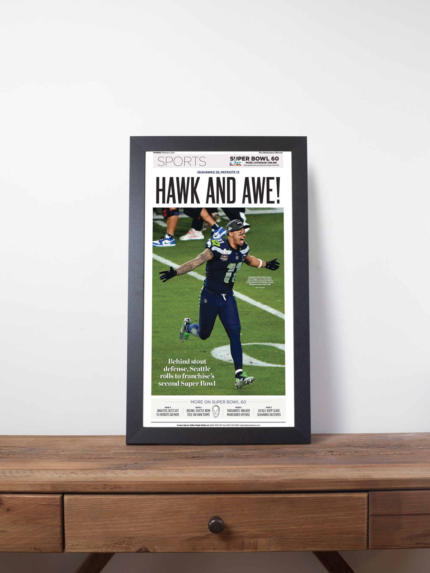 2026 Seattle Seahawks – “Hawk and Awe!” – Super Bowl LX Champions vs Patriots Framed Newspaper