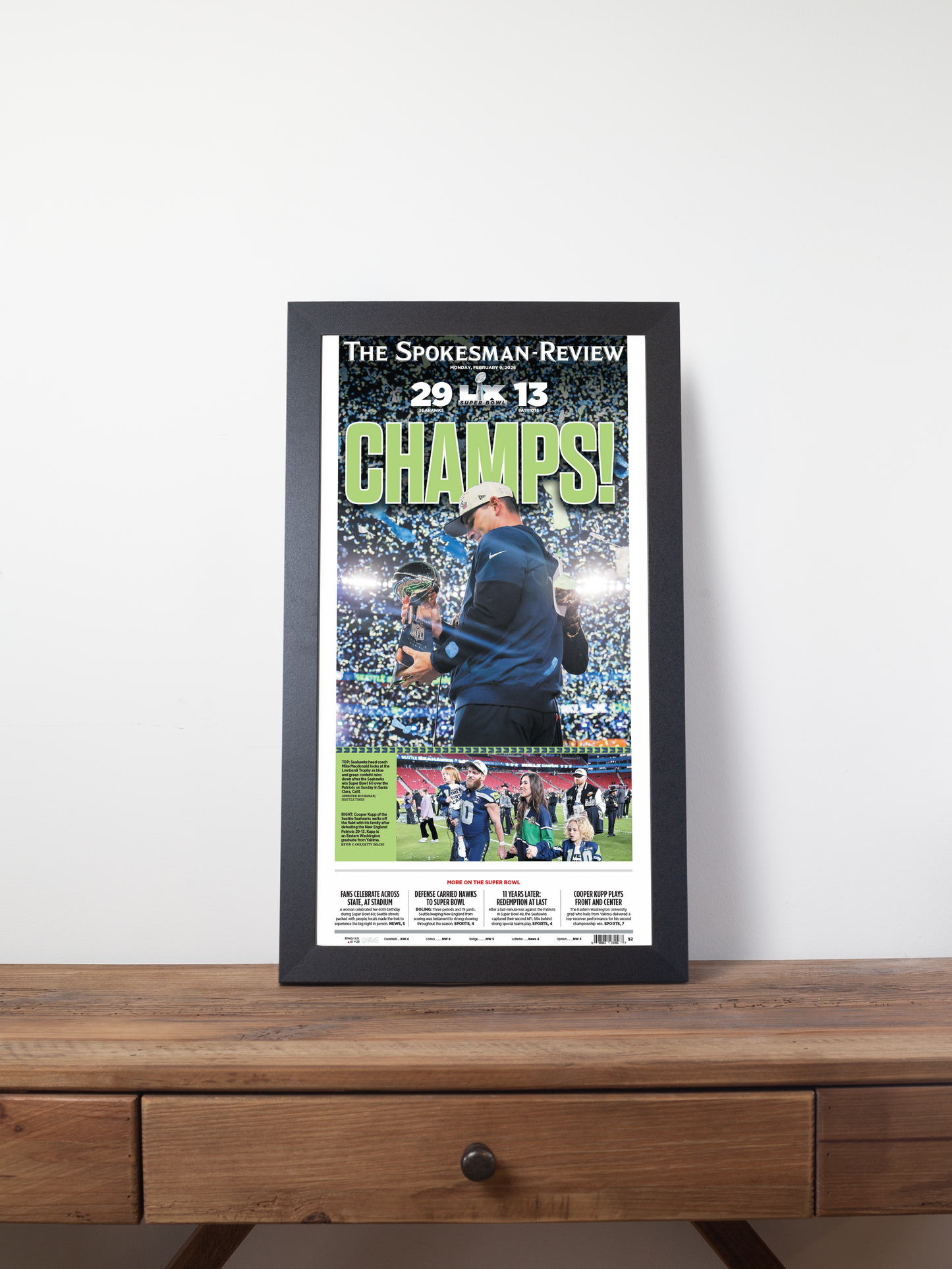 2026 Seattle Seahawks – “CHAMPS!” – Super Bowl LX Champions vs New England Patriots Framed Newspaper