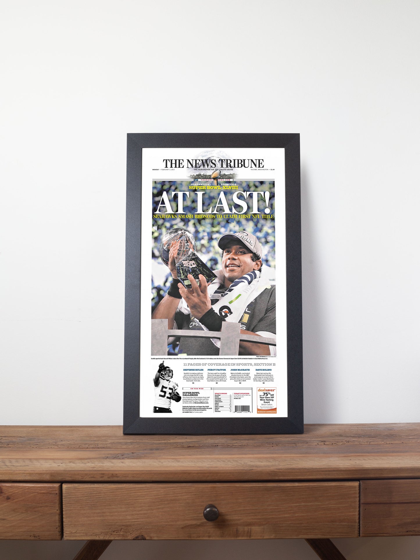 2014 Seattle Seahawks “At Last!” Super Bowl XLVIII Champions Framed Newspaper