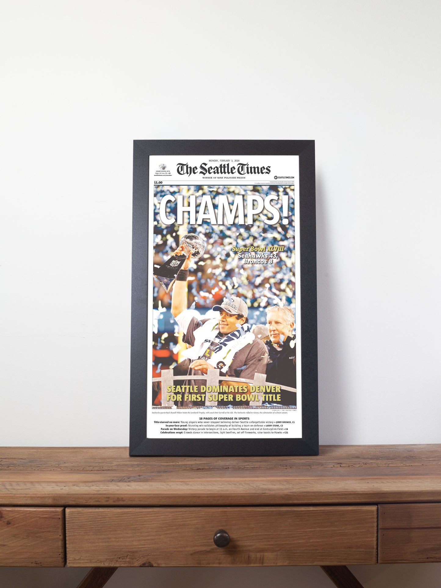 2014 Seattle Seahawks “Champs!” Super Bowl XLVIII V Broncos Framed Newspaper