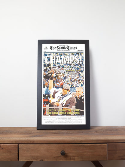 2014 Seattle Seahawks “Champs!” Super Bowl XLVIII V Broncos Framed Newspaper