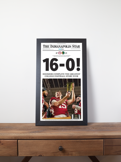 2026 Indiana Hoosiers "16-0!" Undefeated College Champions V. Miami Framed Newspaper