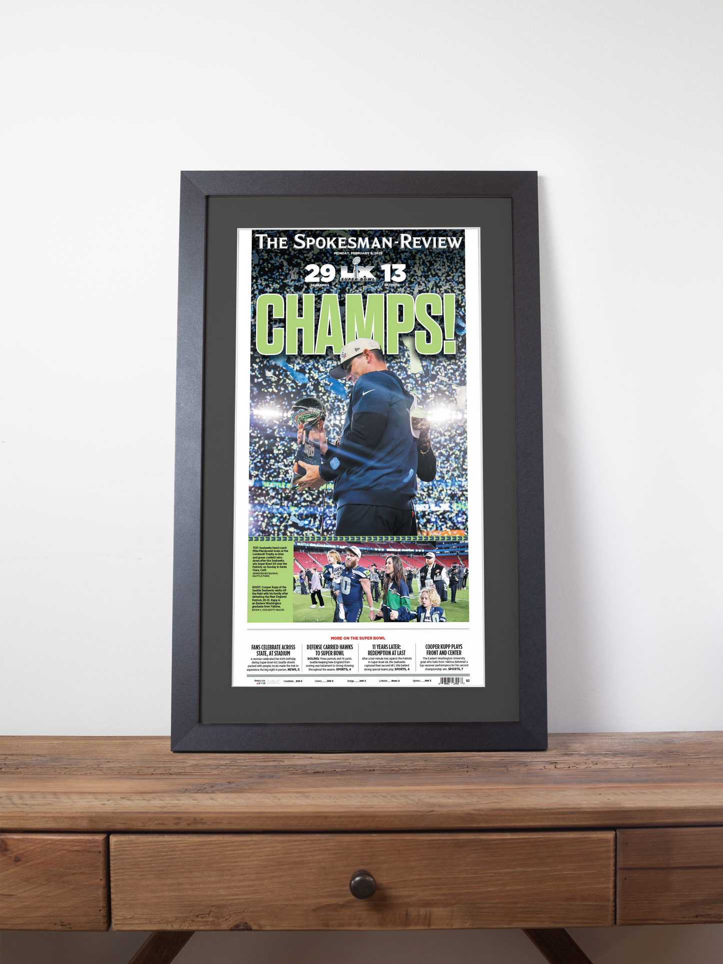 2026 Seattle Seahawks – “CHAMPS!” – Super Bowl LX Champions vs New England Patriots Framed Newspaper