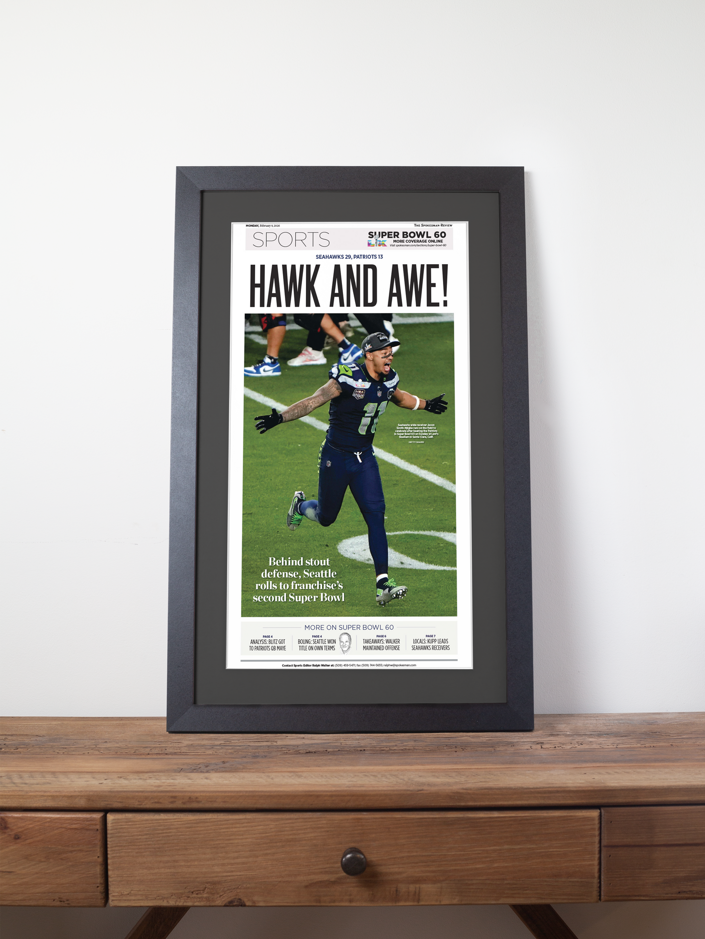2026 Seattle Seahawks – “Hawk and Awe!” – Super Bowl LX Champions vs Patriots Framed Newspaper