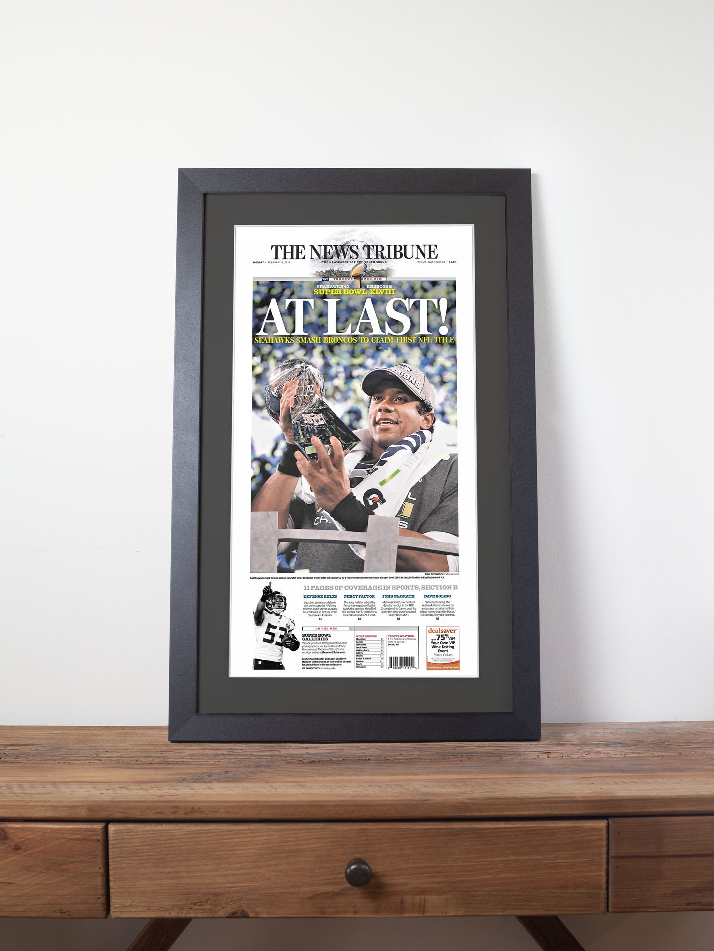 2014 Seattle Seahawks “At Last!” Super Bowl XLVIII Champions Framed Newspaper