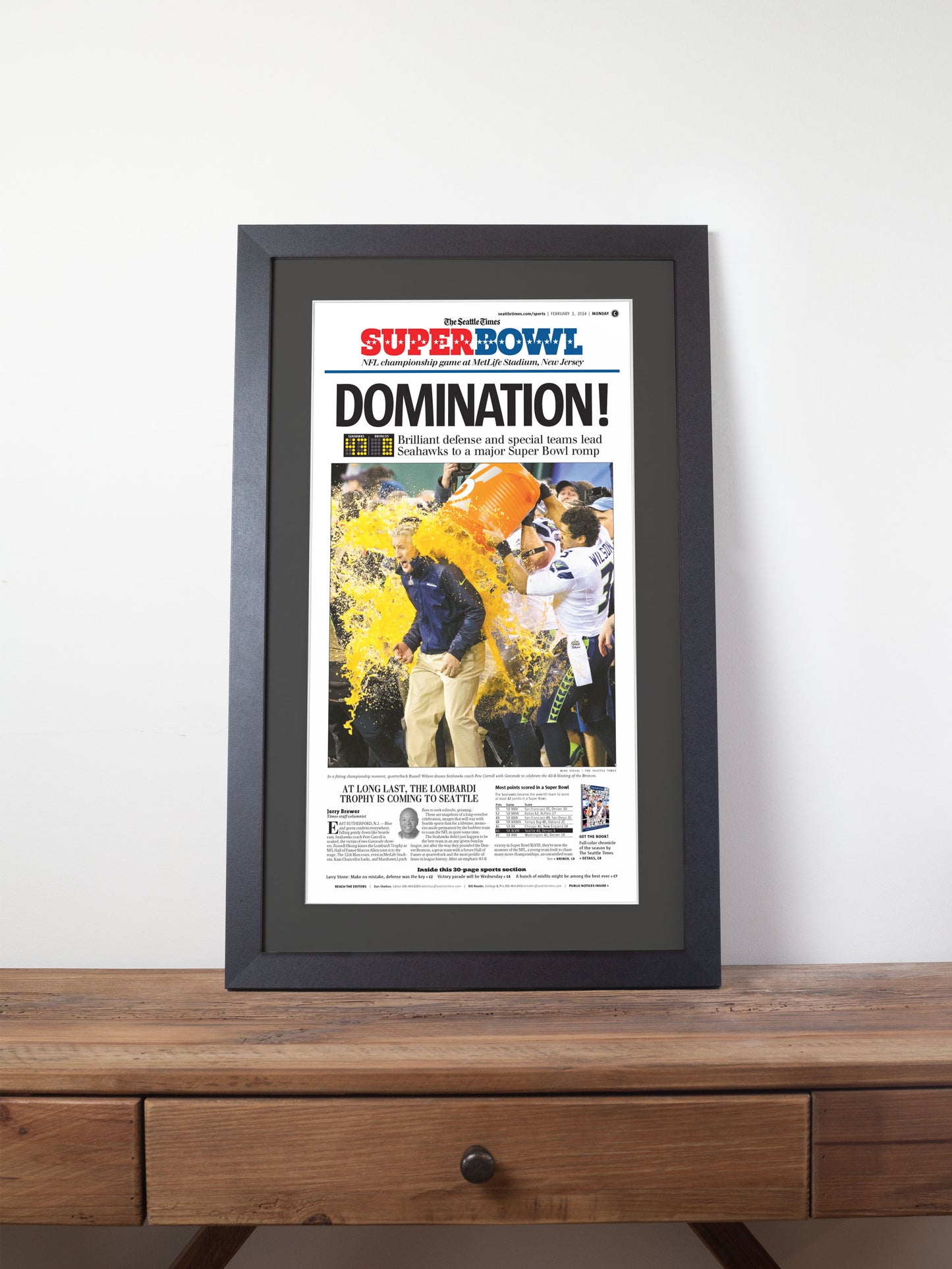 2014 Seattle Seahawks “Domination!” First Super Bowl Victory Framed Newspaper Print