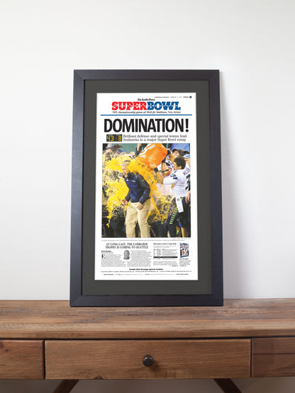 2014 Seattle Seahawks “Domination!” First Super Bowl Victory Framed Newspaper Print