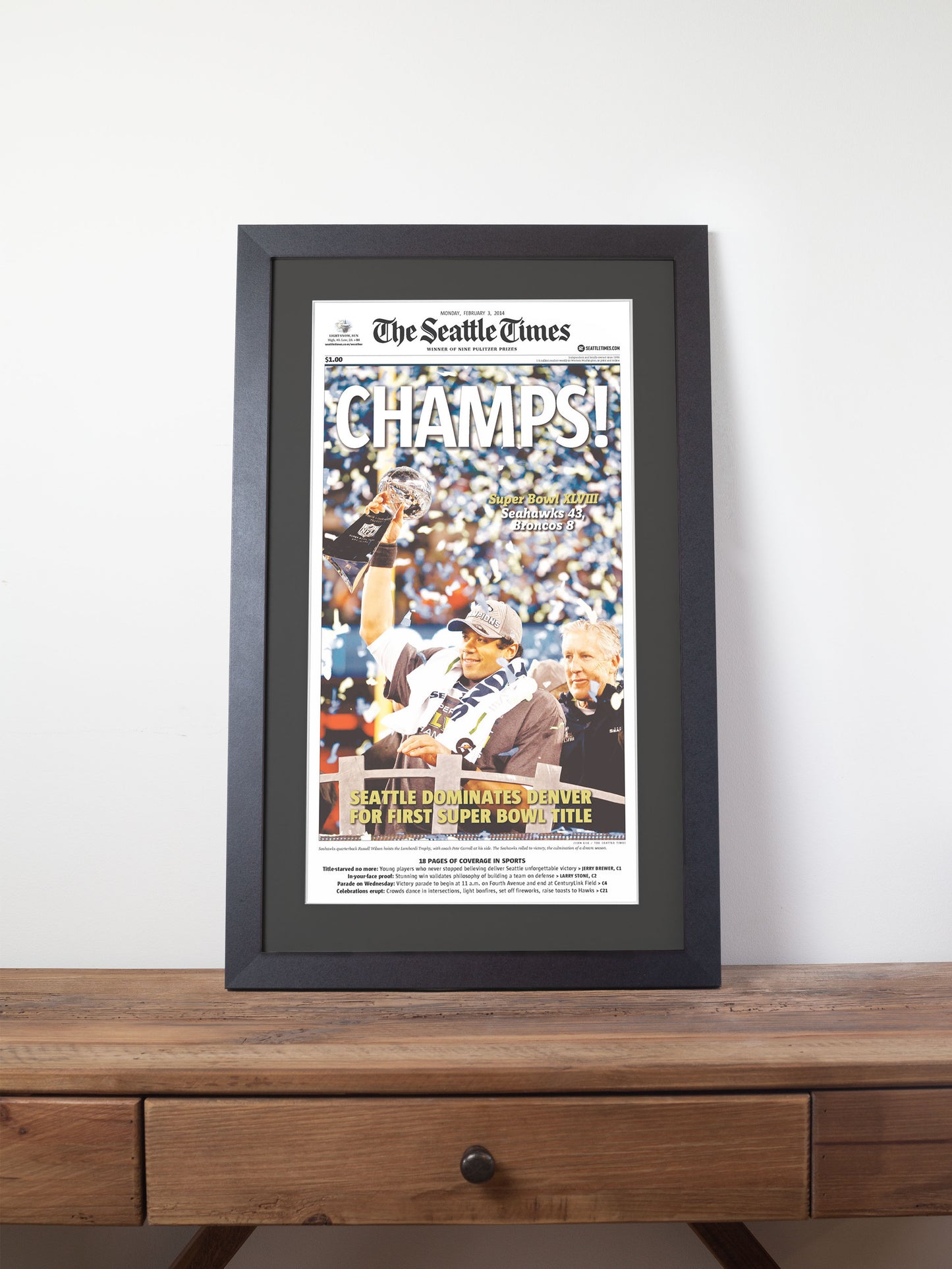 2014 Seattle Seahawks “Champs!” Super Bowl XLVIII V Broncos Framed Newspaper