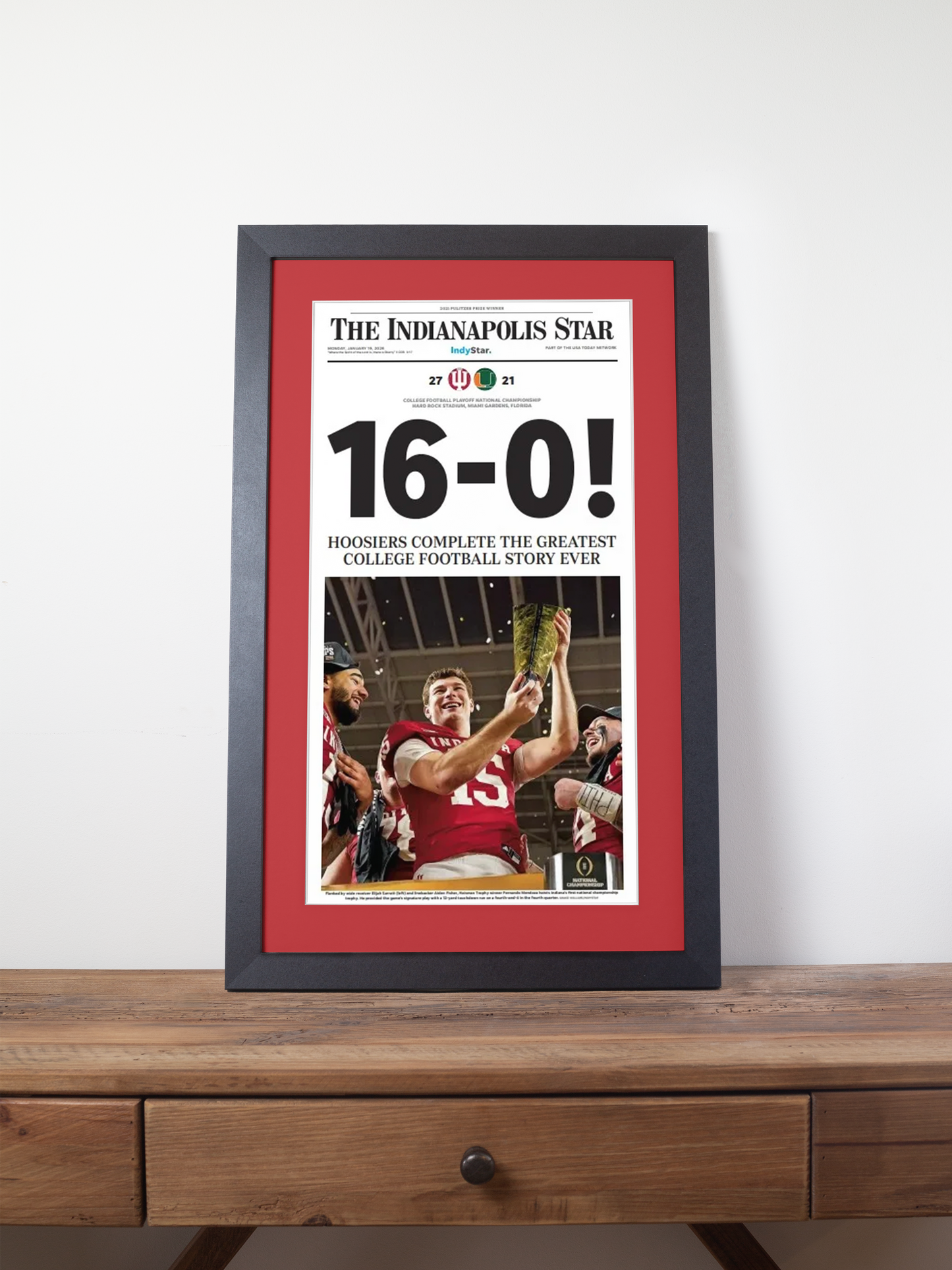 2026 Indiana Hoosiers "16-0!" Undefeated College Champions V. Miami Framed Newspaper