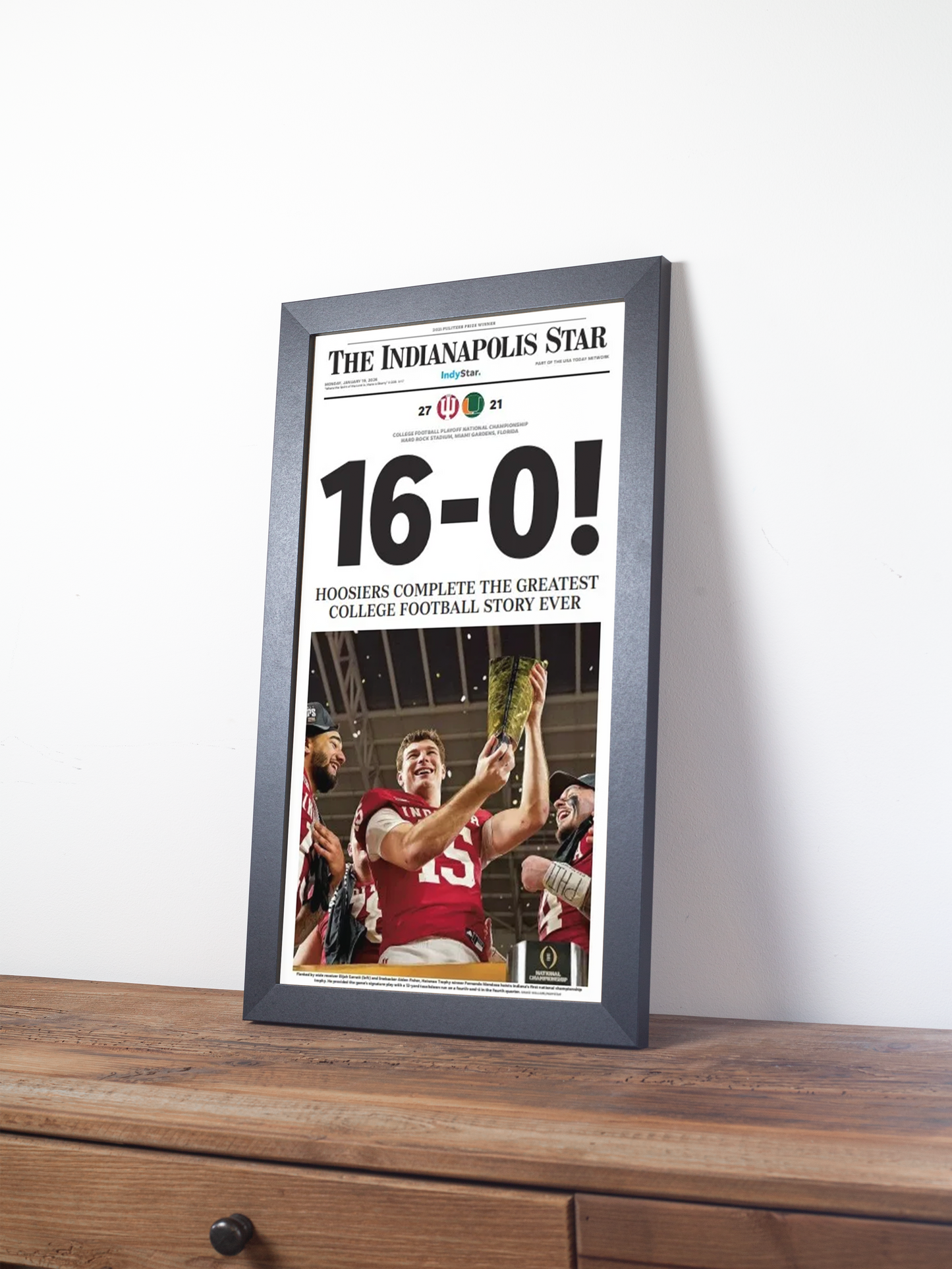 2026 Indiana Hoosiers "16-0!" Undefeated College Champions V. Miami Framed Newspaper