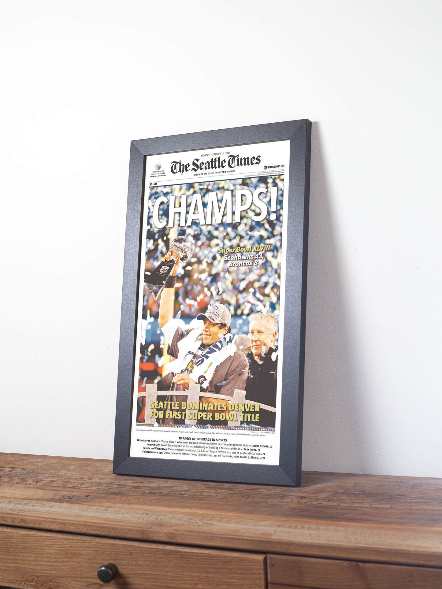 2014 Seattle Seahawks “Champs!” Super Bowl XLVIII V Broncos Framed Newspaper