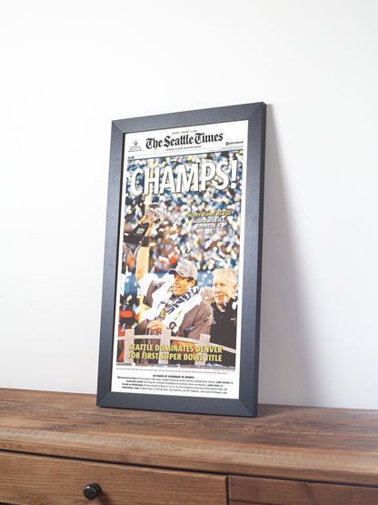 2014 Seattle Seahawks “Champs!” Super Bowl XLVIII V Broncos Framed Newspaper