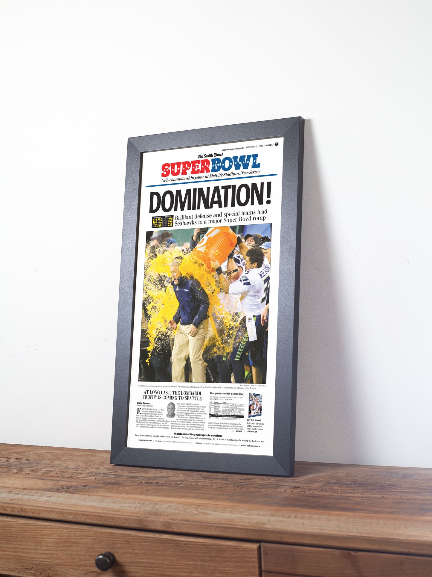 2014 Seattle Seahawks “Domination!” First Super Bowl Victory Framed Newspaper Print