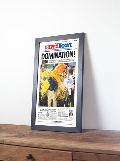 2014 Seattle Seahawks “Domination!” First Super Bowl Victory Framed Newspaper Print