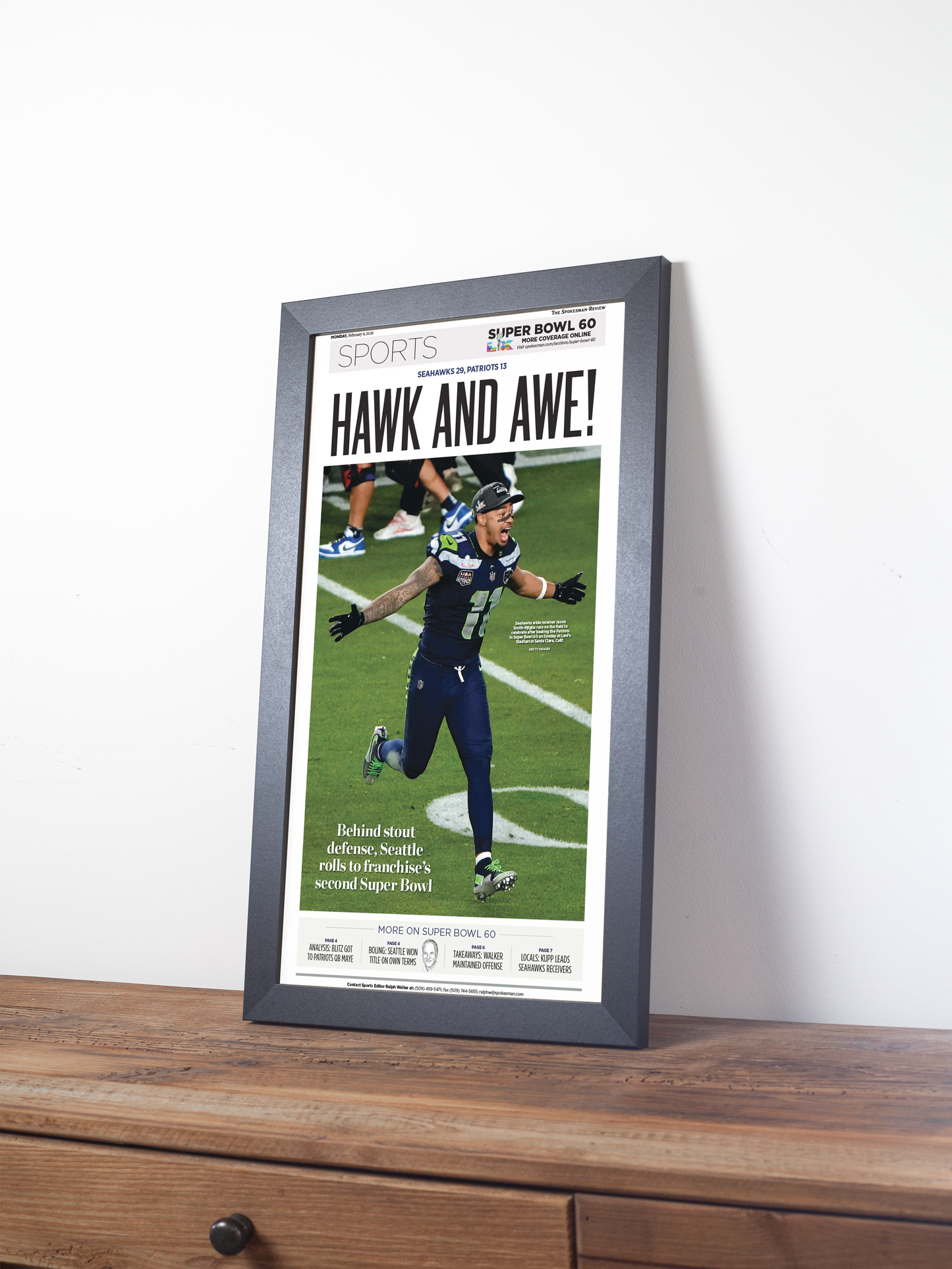 2026 Seattle Seahawks – “Hawk and Awe!” – Super Bowl LX Champions vs Patriots Framed Newspaper