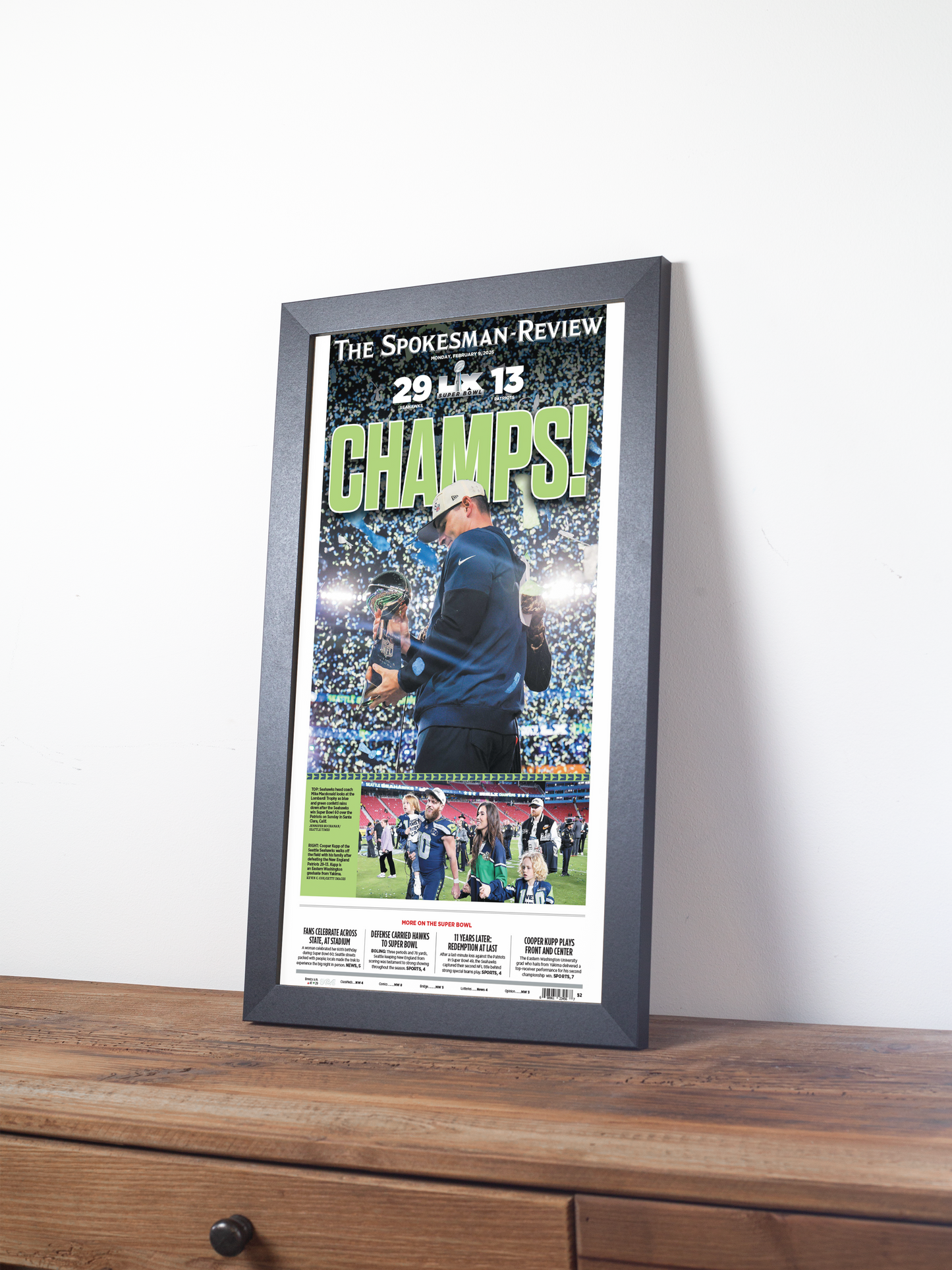 2026 Seattle Seahawks – “CHAMPS!” – Super Bowl LX Champions vs New England Patriots Framed Newspaper