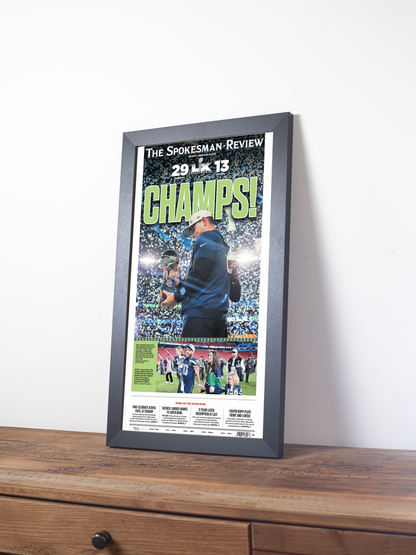 2026 Seattle Seahawks – “CHAMPS!” – Super Bowl LX Champions vs New England Patriots Framed Newspaper