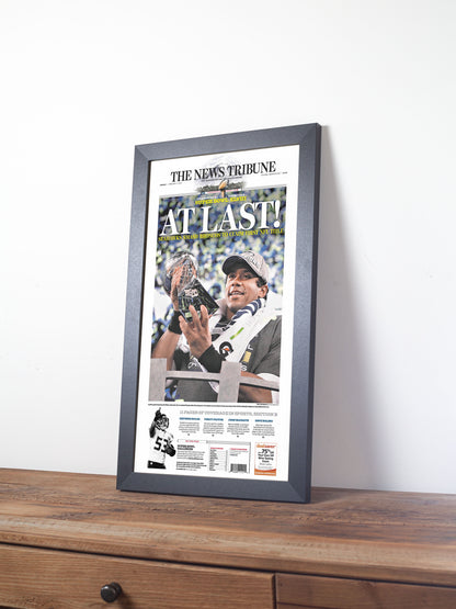 2014 Seattle Seahawks “At Last!” Super Bowl XLVIII Champions Framed Newspaper