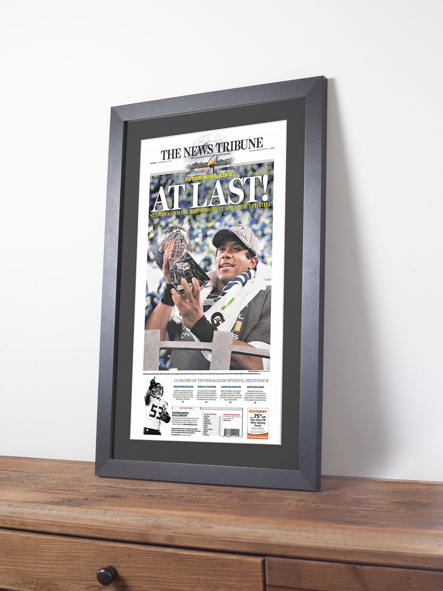 2014 Seattle Seahawks “At Last!” Super Bowl XLVIII Champions Framed Newspaper