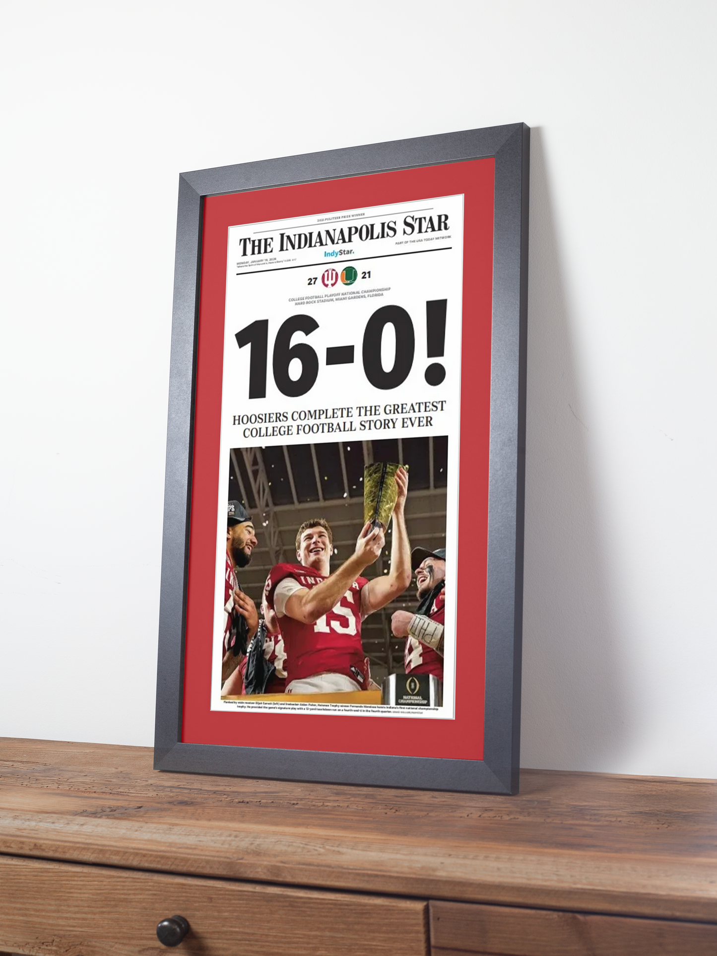 2026 Indiana Hoosiers "16-0!" Undefeated College Champions V. Miami Framed Newspaper