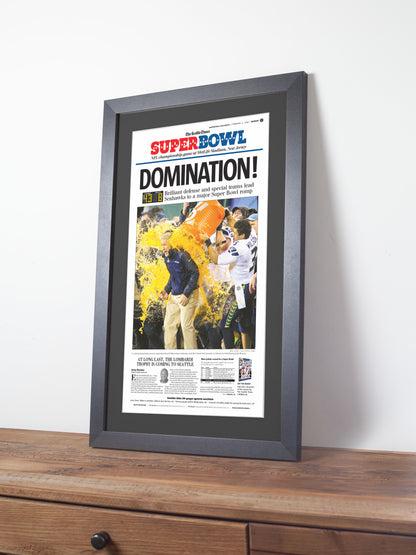 2014 Seattle Seahawks “Domination!” First Super Bowl Victory Framed Newspaper Print