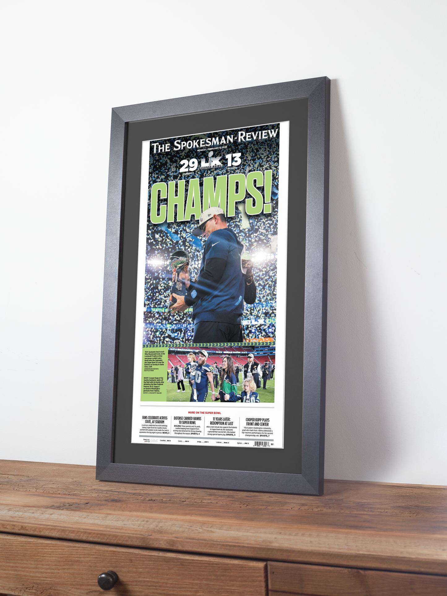 2026 Seattle Seahawks – “CHAMPS!” – Super Bowl LX Champions vs New England Patriots Framed Newspaper