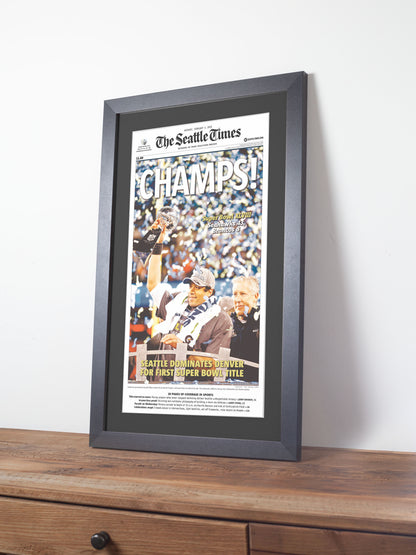 2014 Seattle Seahawks “Champs!” Super Bowl XLVIII V Broncos Framed Newspaper