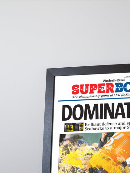 2014 Seattle Seahawks “Domination!” First Super Bowl Victory Framed Newspaper Print