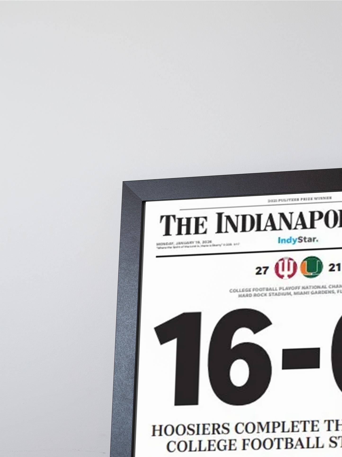 2026 Indiana Hoosiers "16-0!" Undefeated College Champions V. Miami Framed Newspaper