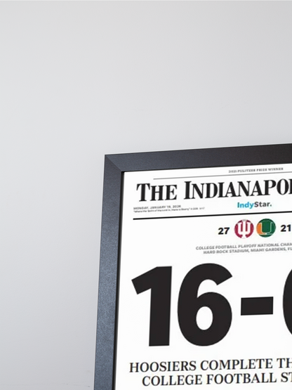 2026 Indiana Hoosiers "16-0!" Undefeated College Champions V. Miami Framed Newspaper