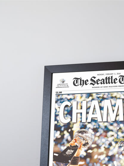 2014 Seattle Seahawks “Champs!” Super Bowl XLVIII V Broncos Framed Newspaper