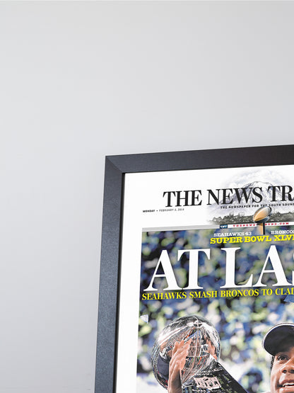2014 Seattle Seahawks “At Last!” Super Bowl XLVIII Champions Framed Newspaper