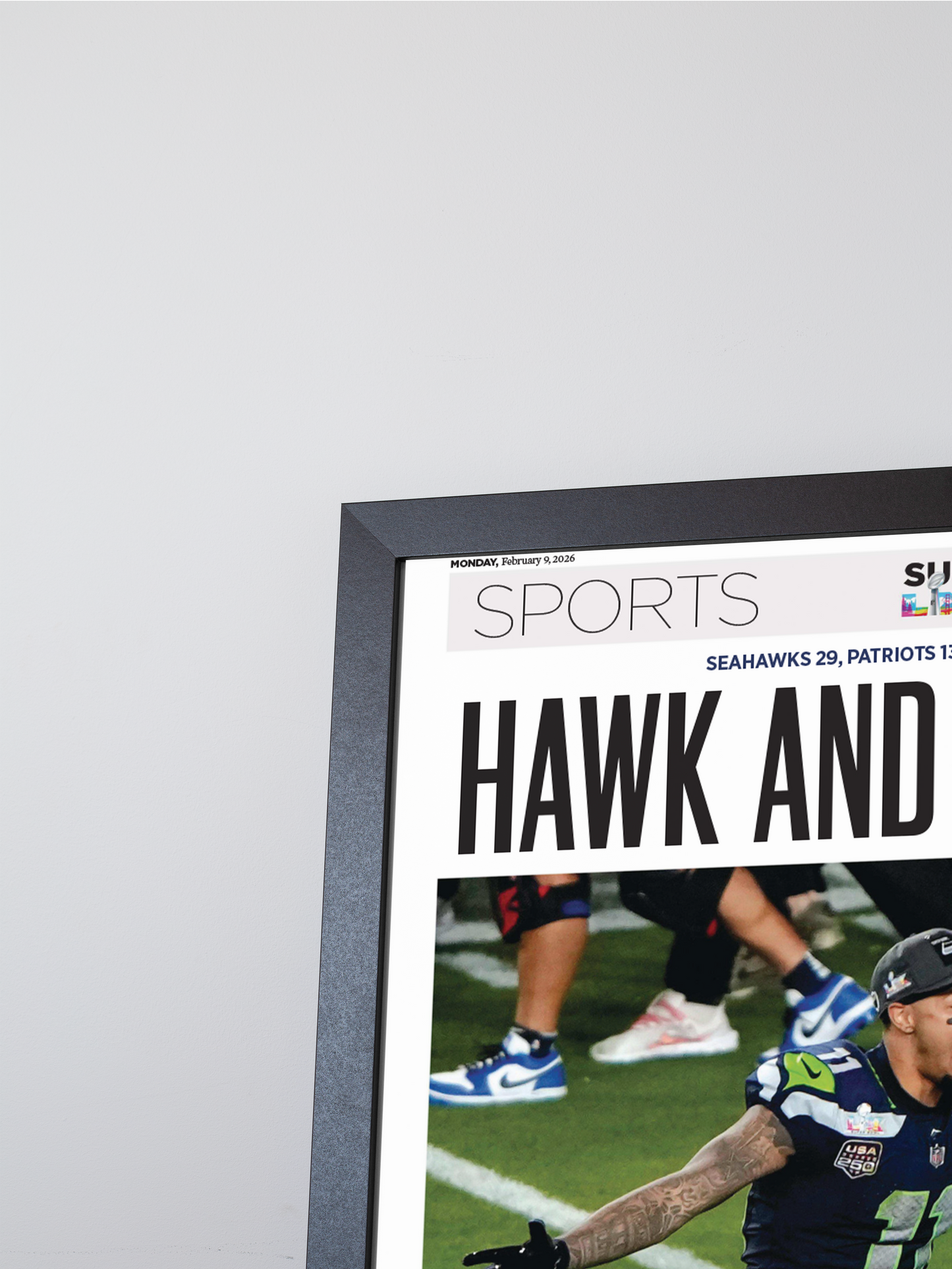 2026 Seattle Seahawks – “Hawk and Awe!” – Super Bowl LX Champions vs Patriots Framed Newspaper