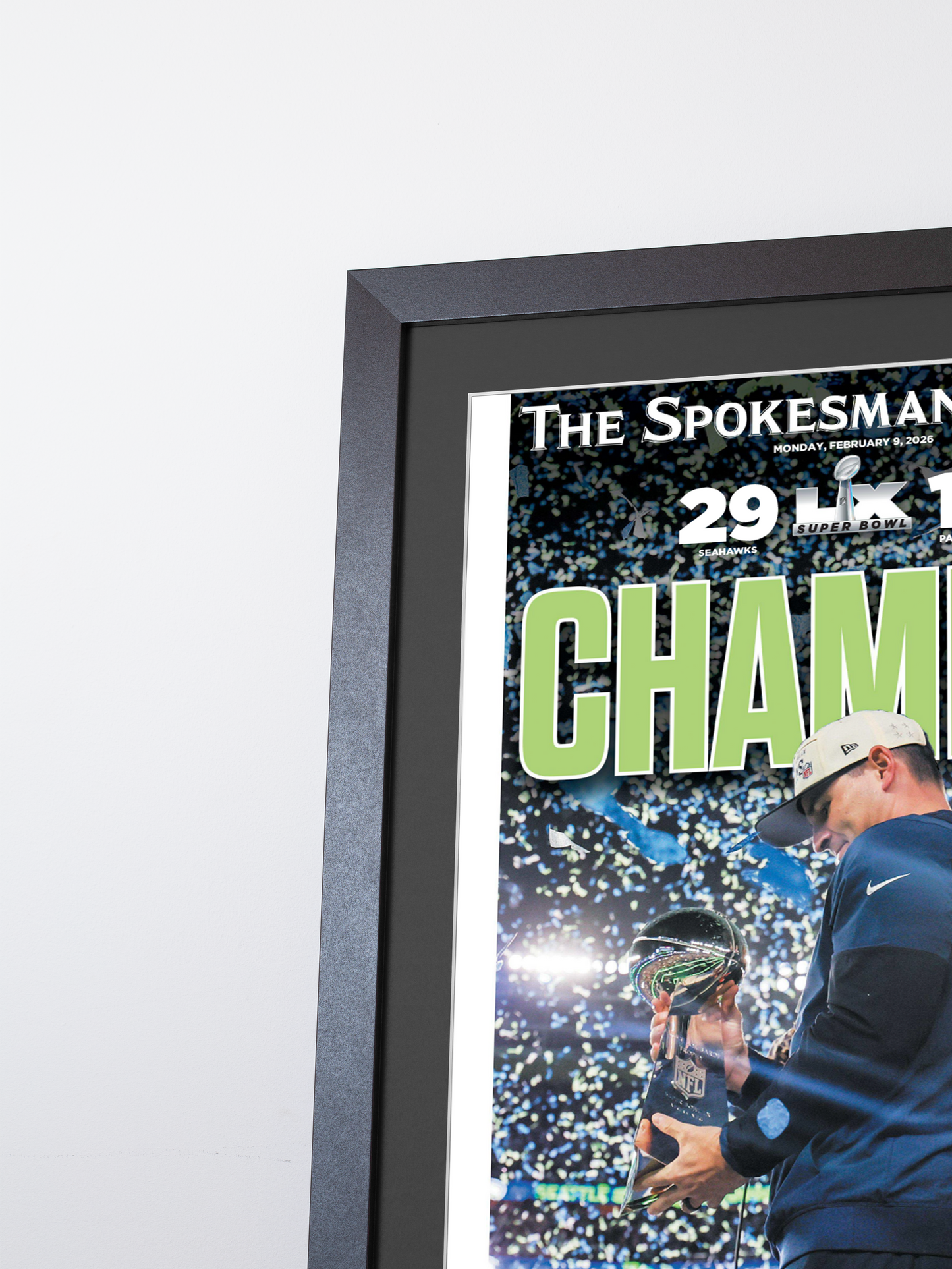 2026 Seattle Seahawks – “CHAMPS!” – Super Bowl LX Champions vs New England Patriots Framed Newspaper